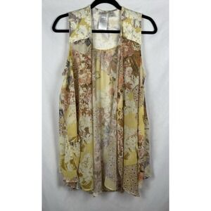 LOGO Lori Goldstein Yellow Floral Watercolor Sheer Open Front Drape Cardigan L